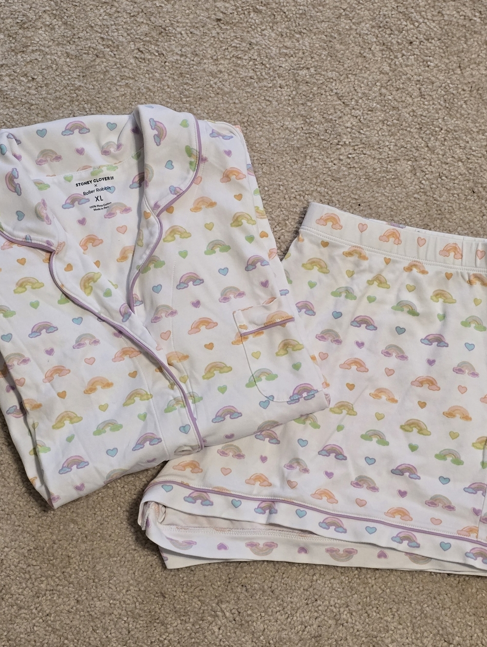 Stoney Clover Lane x Roller Rabbit Hearts & Rainbows Pajama Set XL Pima Cotton